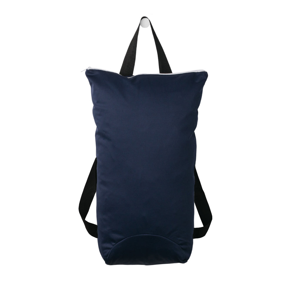 Navy blue swim bag with black straps on a white background