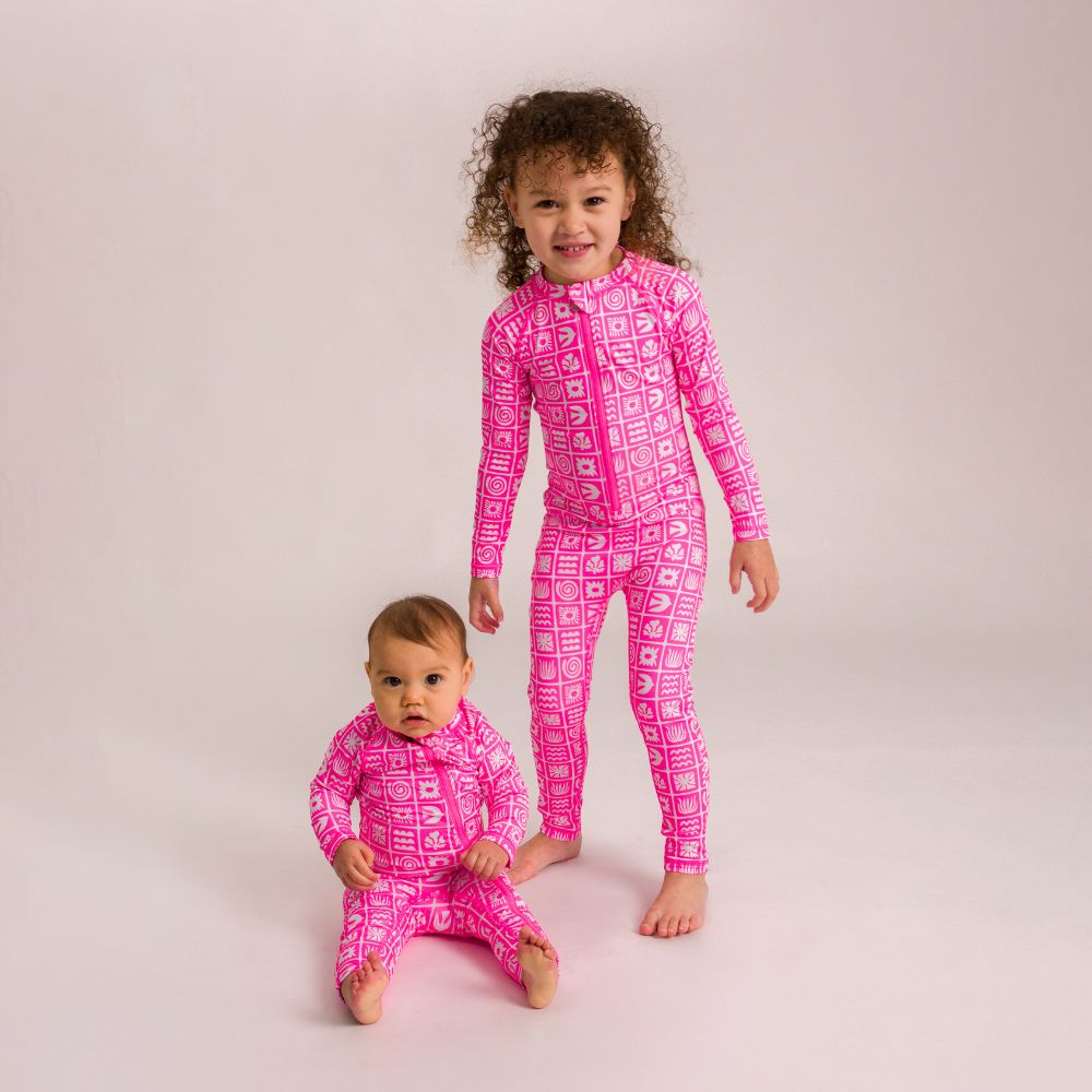 AquaLuxe Full Swimsuit - Neon Pink Retro Surf