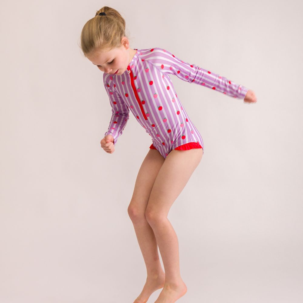 Neon Sleeved Girls Swimsuit - Striped Raspberries