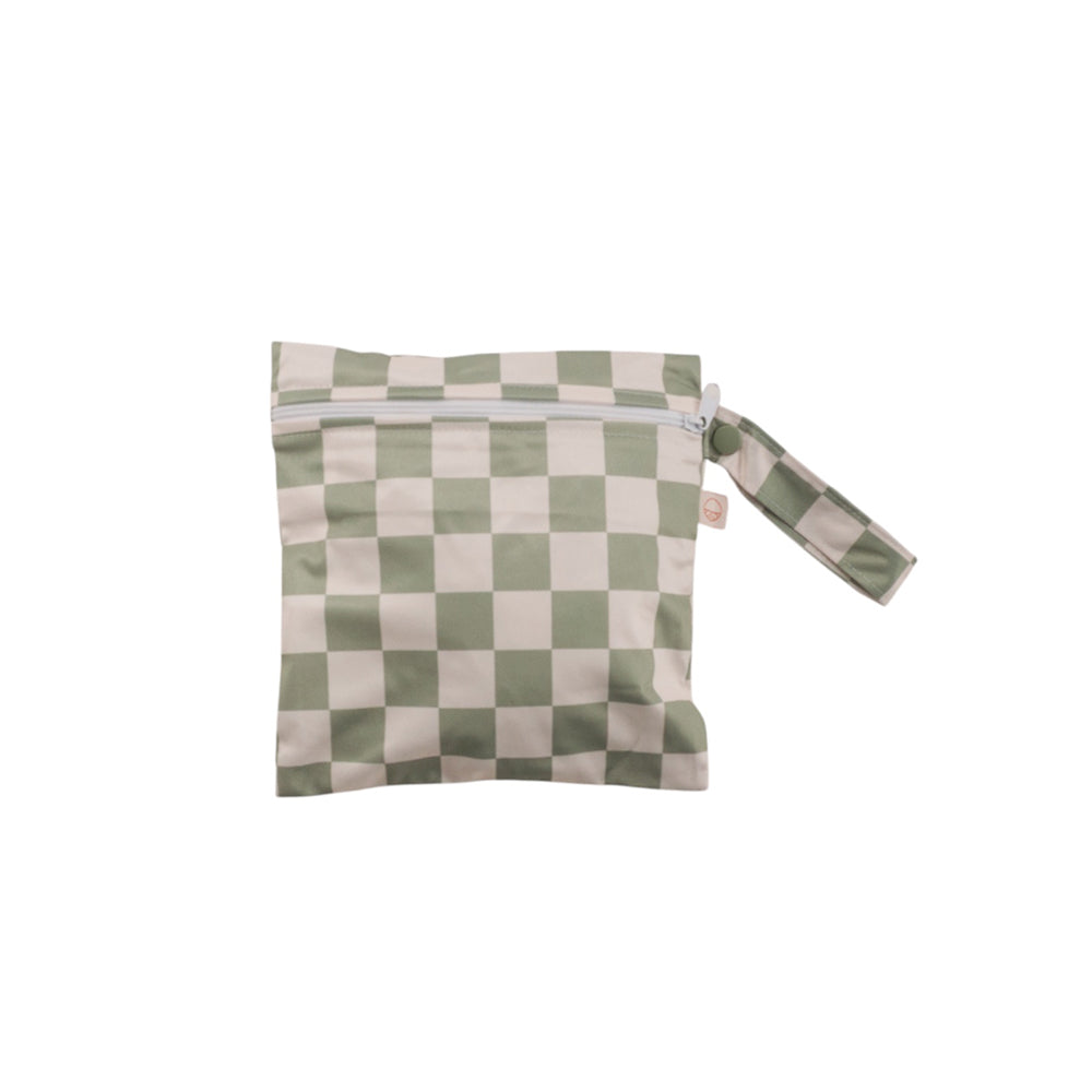 Mini green check wet bag with zip on a white background
