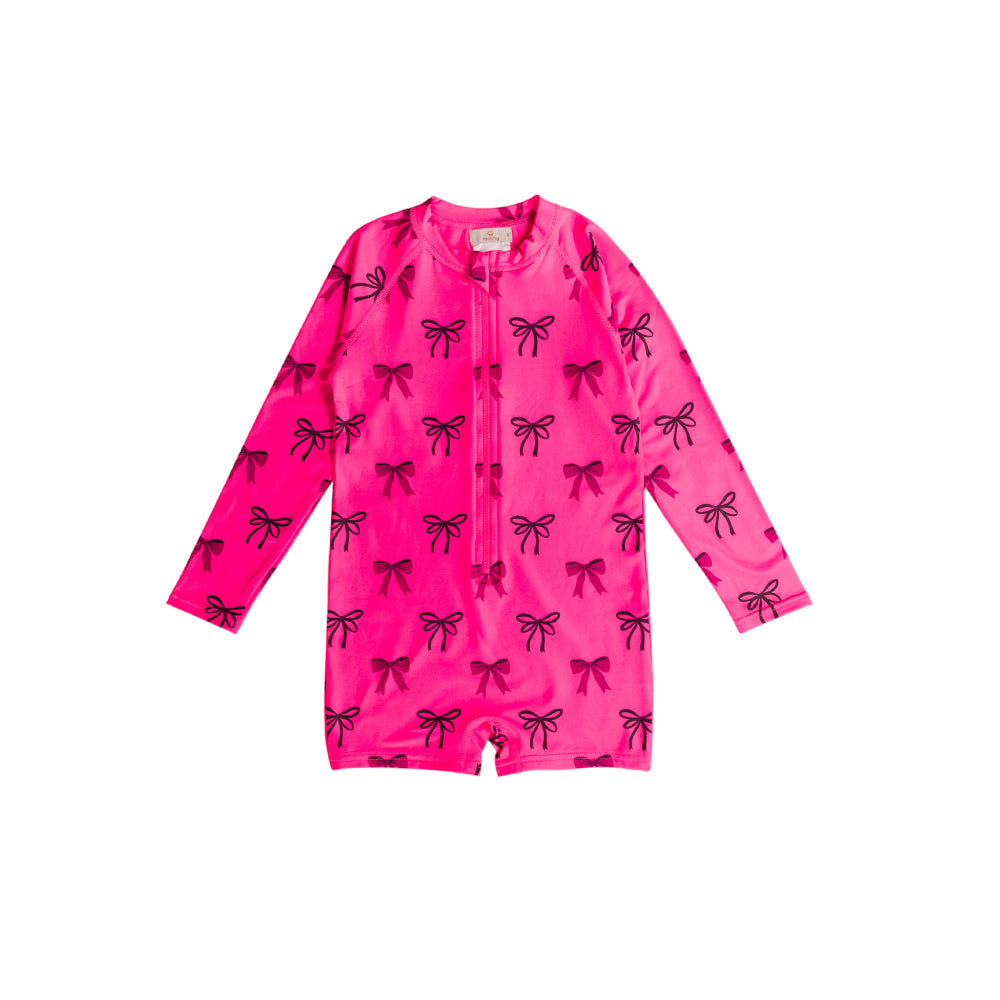 Short Boyleg Half Zip Swimsuit in Neon Bows pattern on a white background
