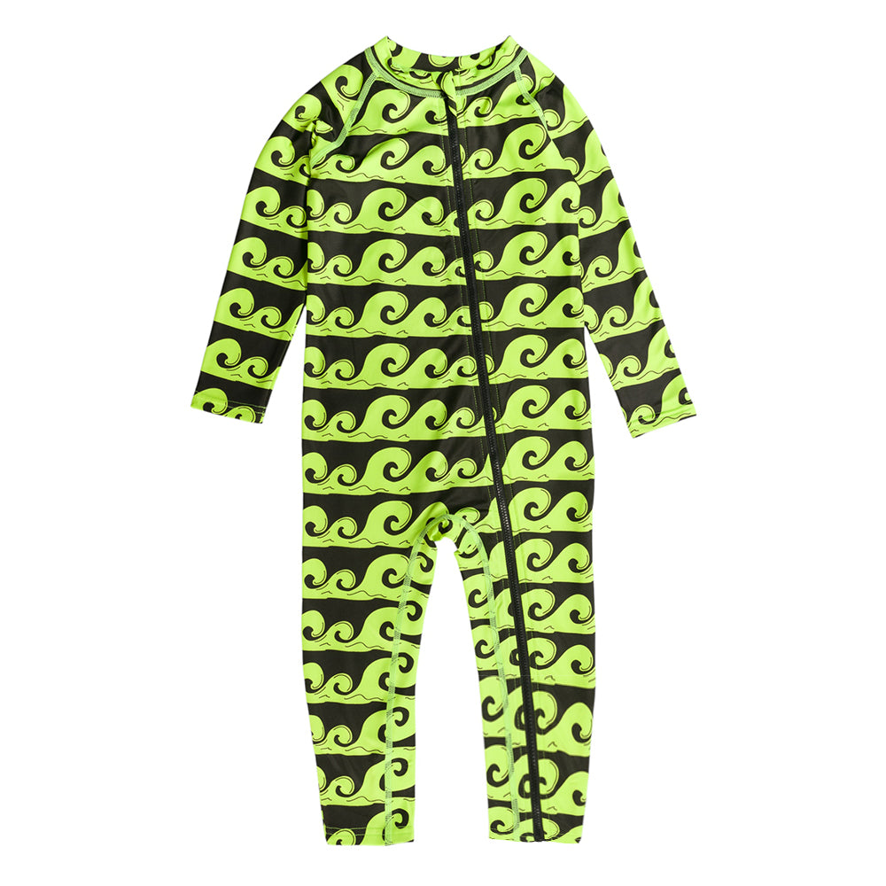 Full Neon Swimsuit in Green Waves pattern on a white background