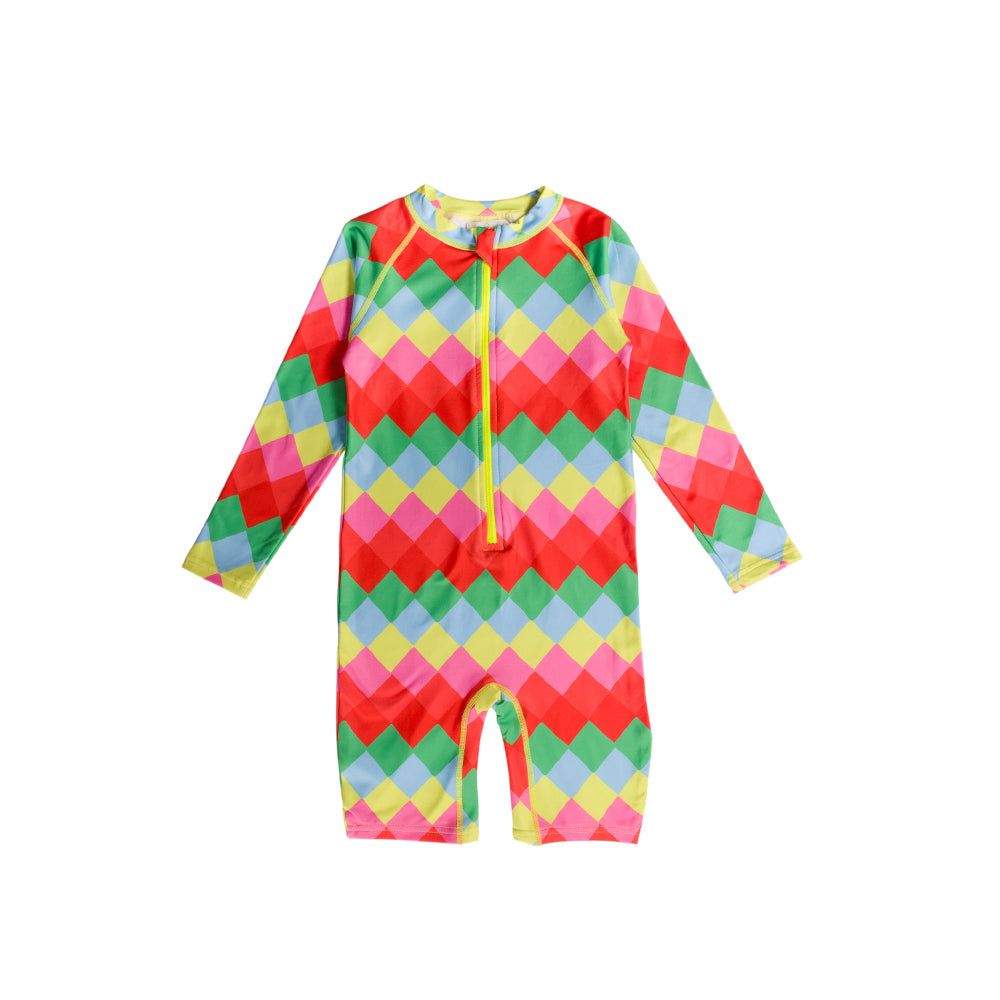 Neon Shortie Swimsuit with Half Zip in Diamonds pattern on a white background