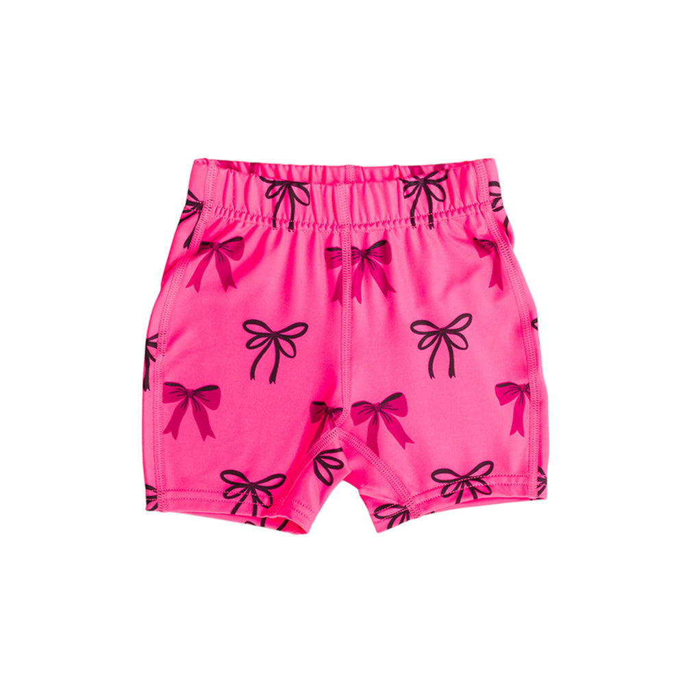 Neon Swim Shorts in Neon Bows pattern on a white background