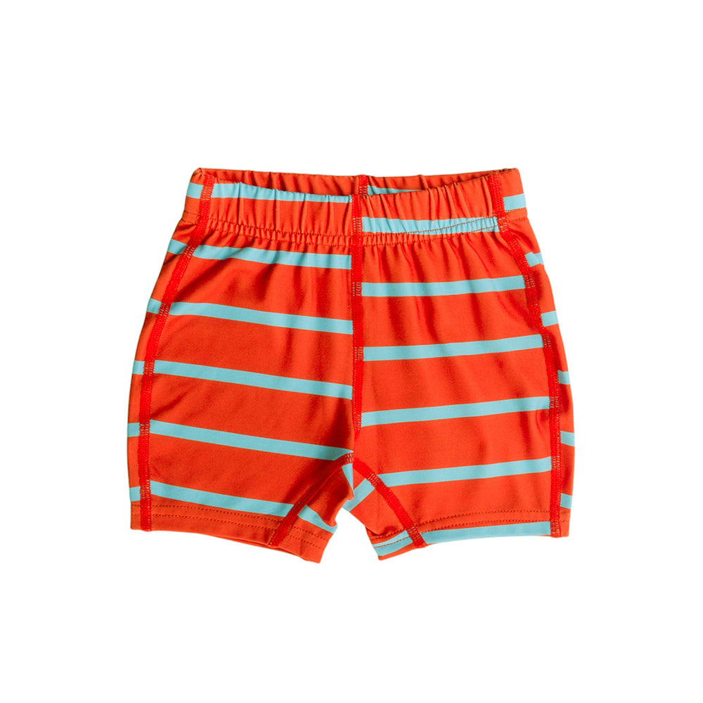 Neon Swim Shorts in Red Stripe pattern on a white background