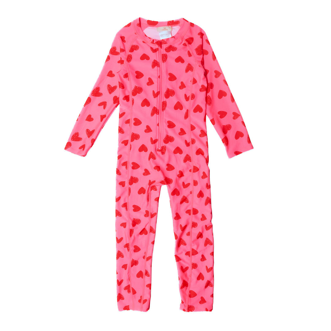 Neon Full Length Swimsuit with half zip in Pink Hearts on a white background