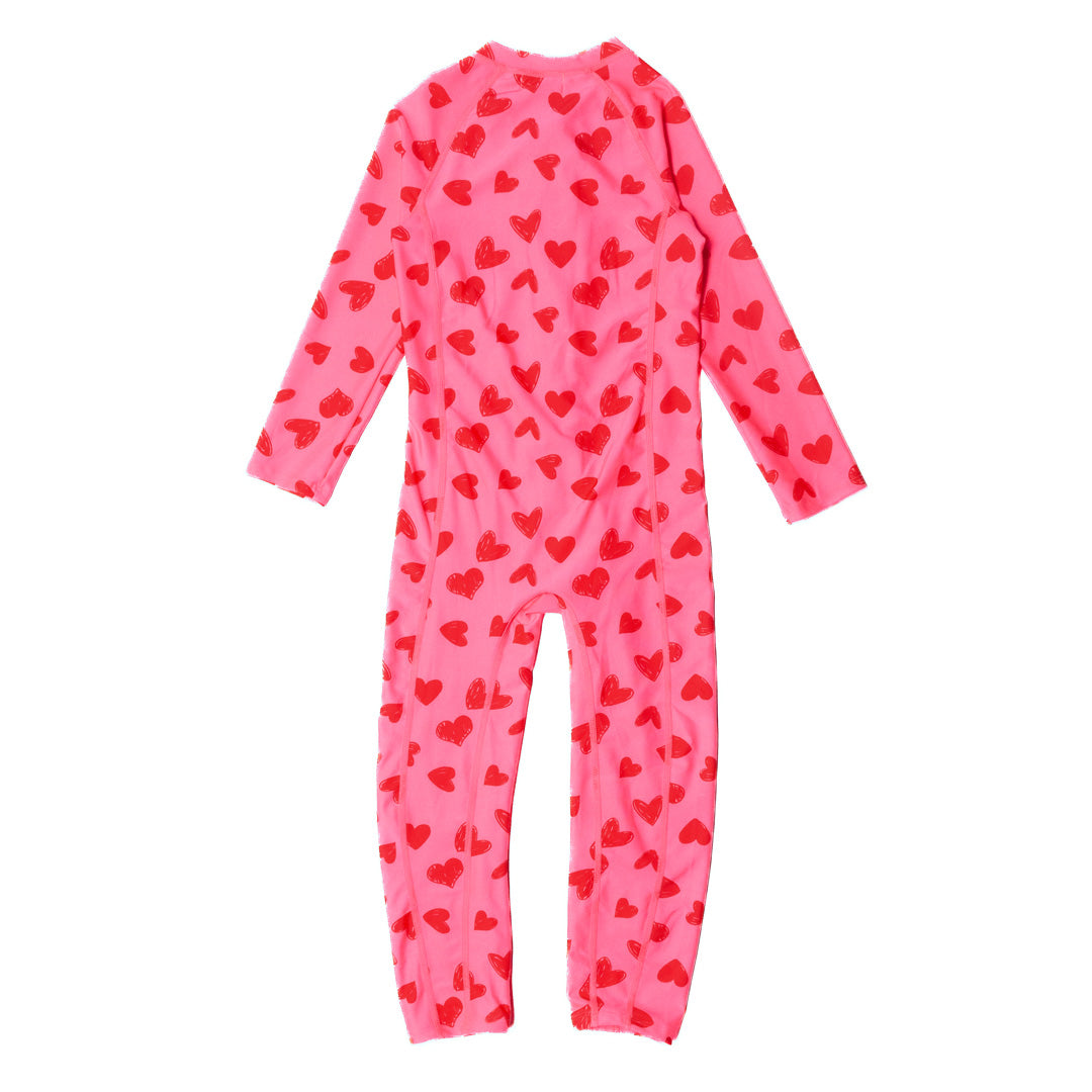 Neon Full Length Swimsuit Half Zip - Pink Hearts