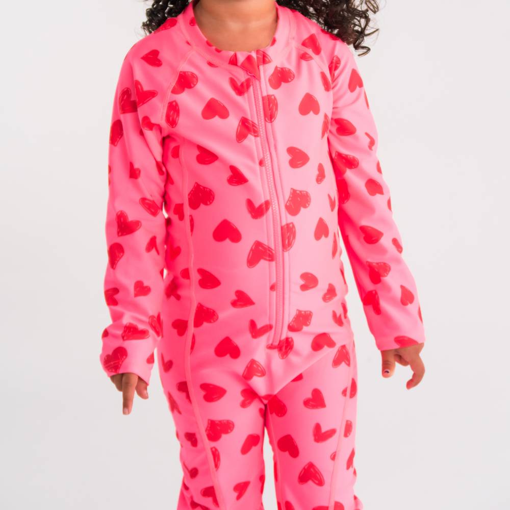 Neon Full Length Swimsuit Half Zip - Pink Hearts