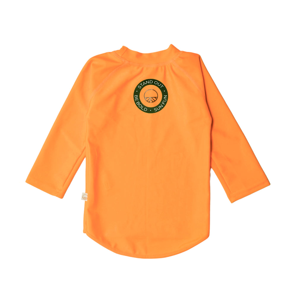 Neon orange shirt with a stand out, be bold logo on the back against a white background