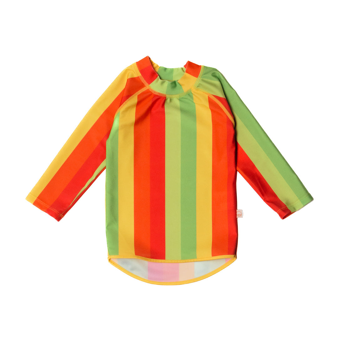 Colorful striped long-sleeve swim rash vest on a white background