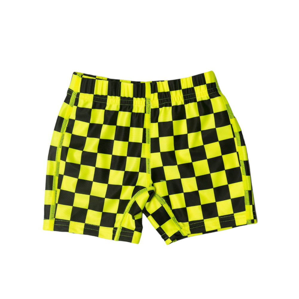 Checkered swim jammers with black and yellow pattern on a white background