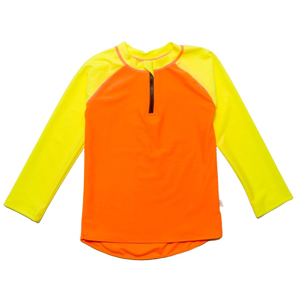 Orange and yellow long-sleeve rash shirt with a zipper on a white background