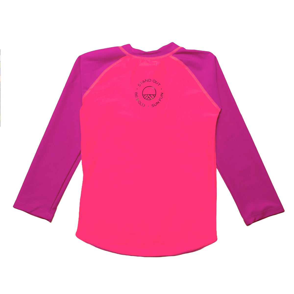Pink and purple long-sleeve rash shirt with a logo on a white background