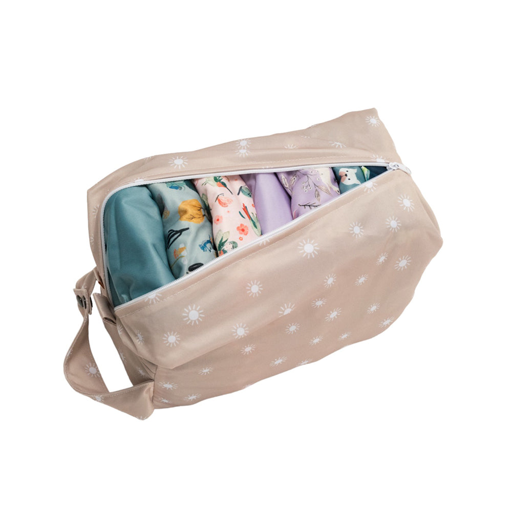 Baby nappy storage pod with printed sunshine design on a white background