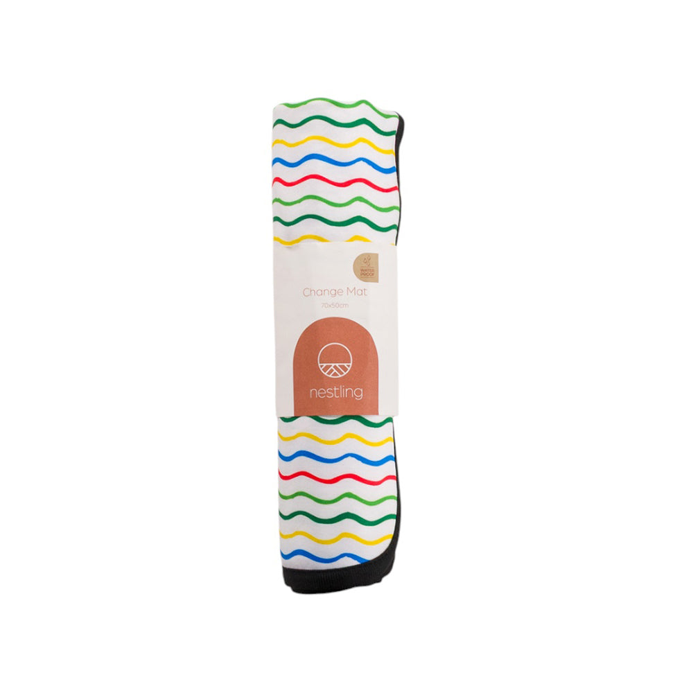 Colorful striped out and about change mat rolled up with a nestling brand logo on a white background