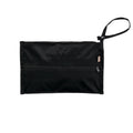 Black reusable baby wipes clutch bag with a strap on a white background