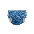 Blue reusable swim nappy with white fish pattern on a white background