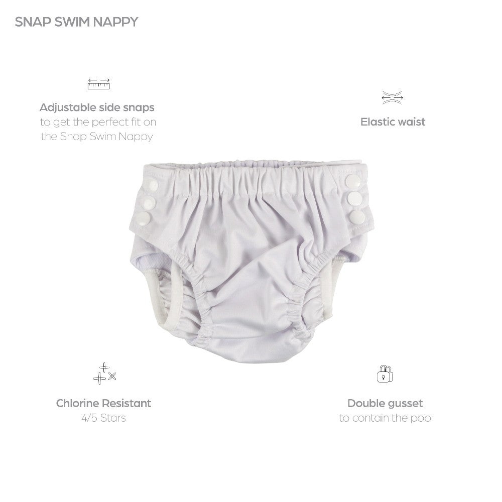 Swim nappy shell with features listed on a white background