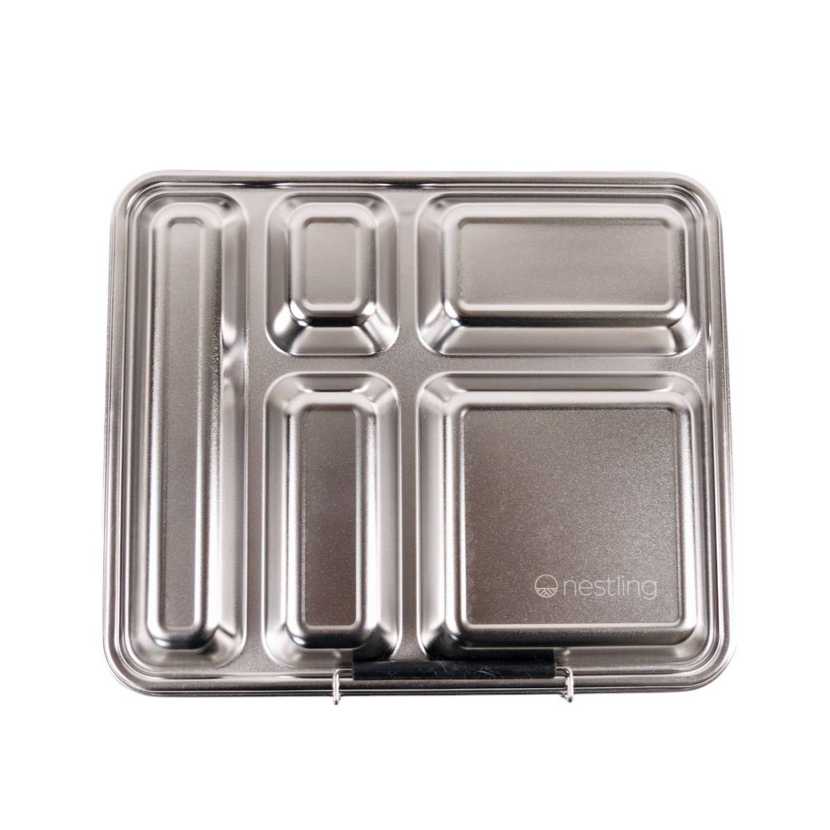 Stainless steel bento box with multiple compartments on a white background, branded 'nestling'.