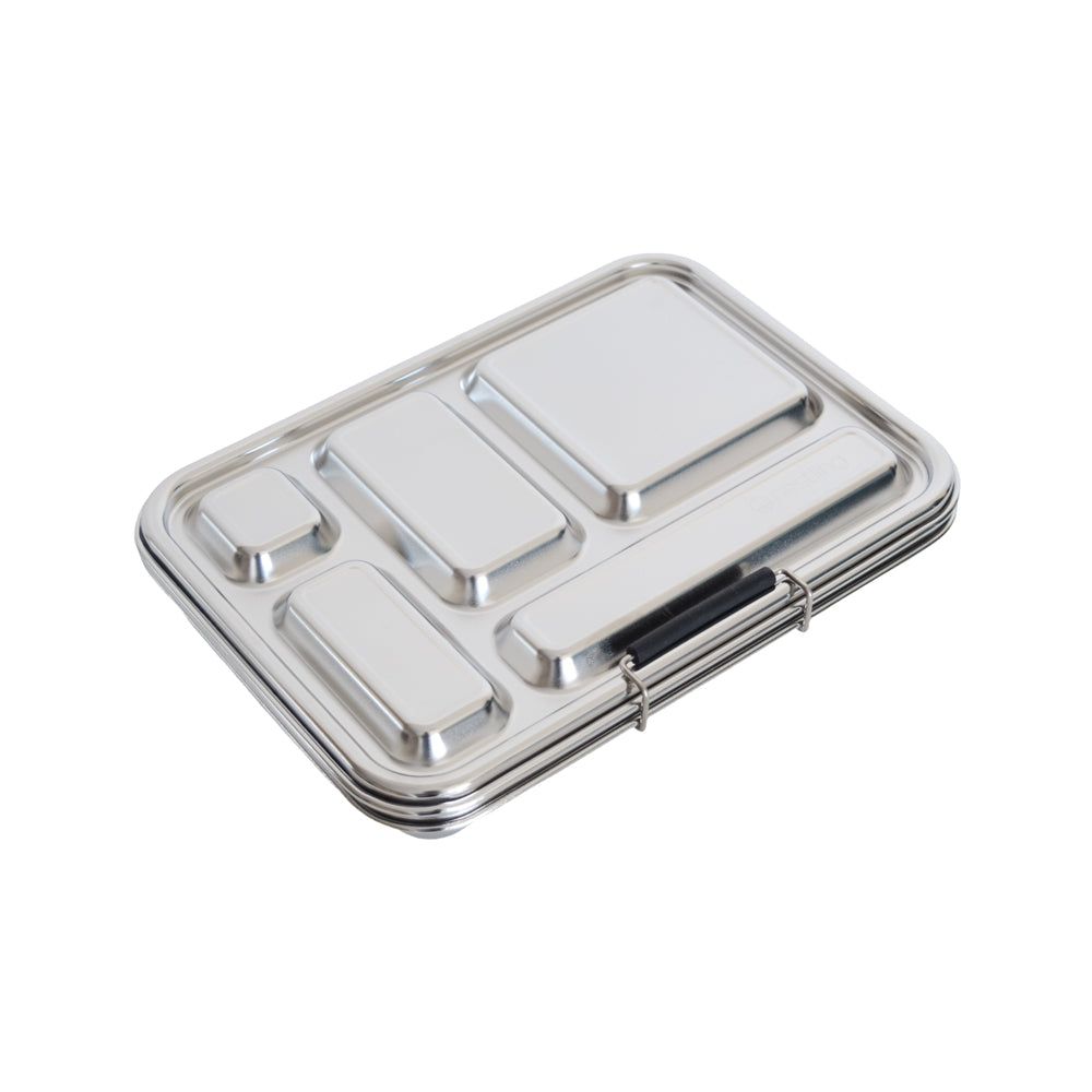Silver bento box with multiple compartments on a white background