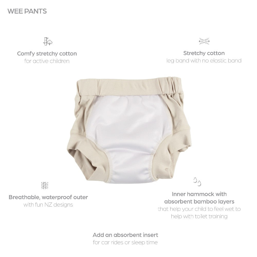 Beige and white Nestling training pants with text describing features on a white background