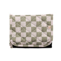Quilted checkered portable change mat with green and white check pattern on a white background