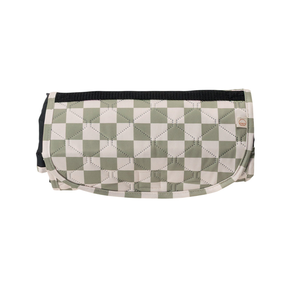 Checkered sage green play mat with green and white pattern on a white background