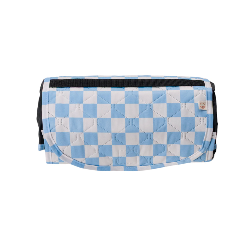 Blue check waterproof kids play mat on white background