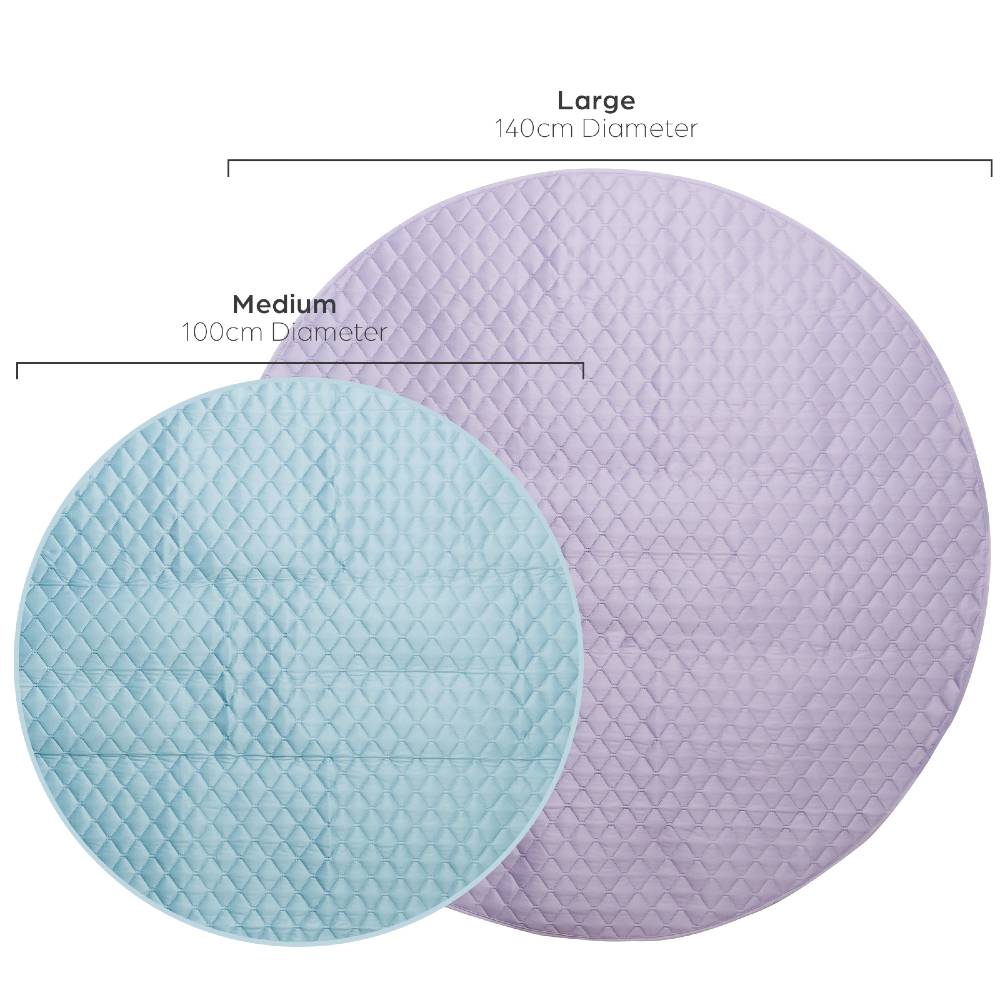 Two circular Nestling waterproof play mats, one large and one medium, with dimensions labeled on a white background.