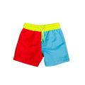 Neon Boardshorts in red and blue with yellow band on a white background