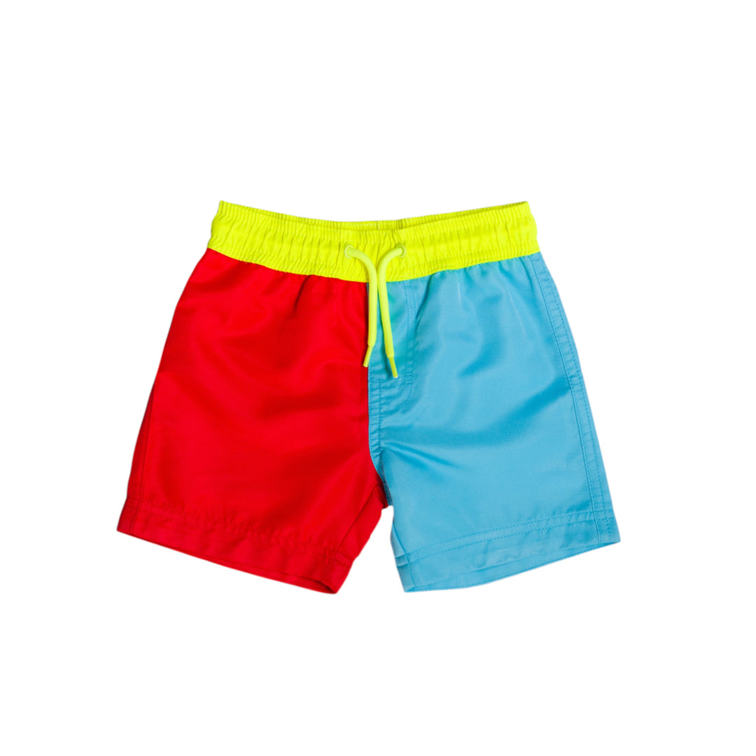 Neon Boardshorts in red and blue with yellow band on a white background