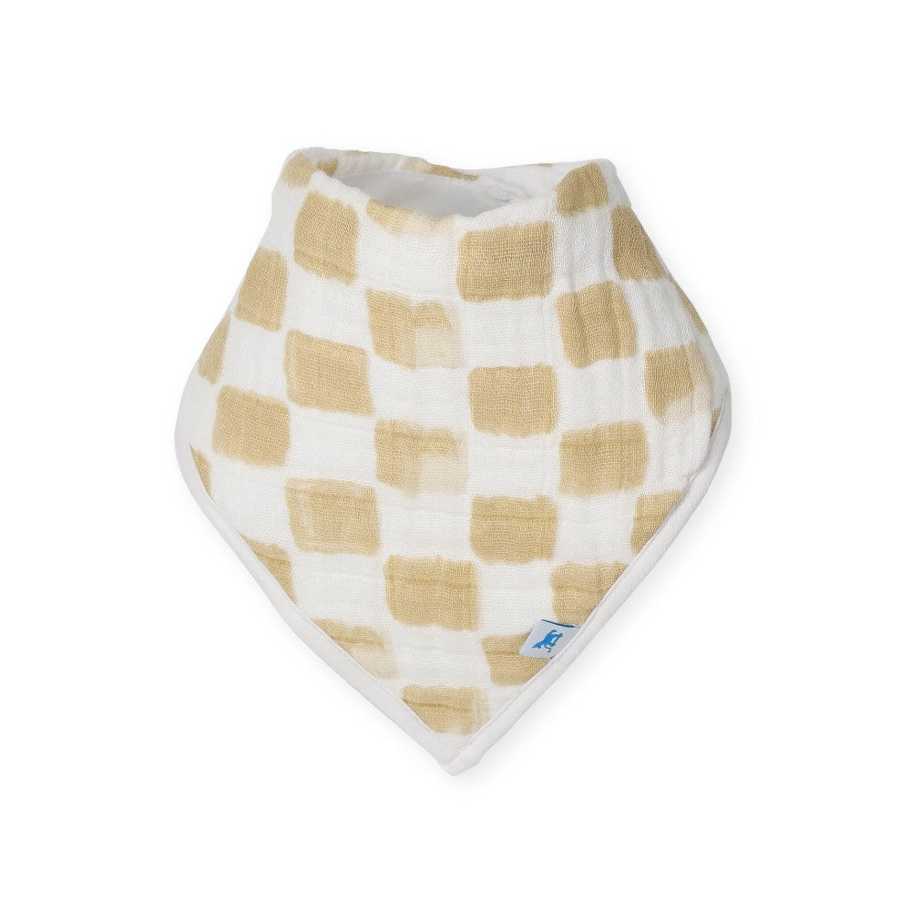 Cotton muslin Baby bandana bib with beige and white checkered design on a white background