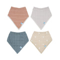 Four baby muslin bandana bibs in pink, blue, grey and tan cross on a white background