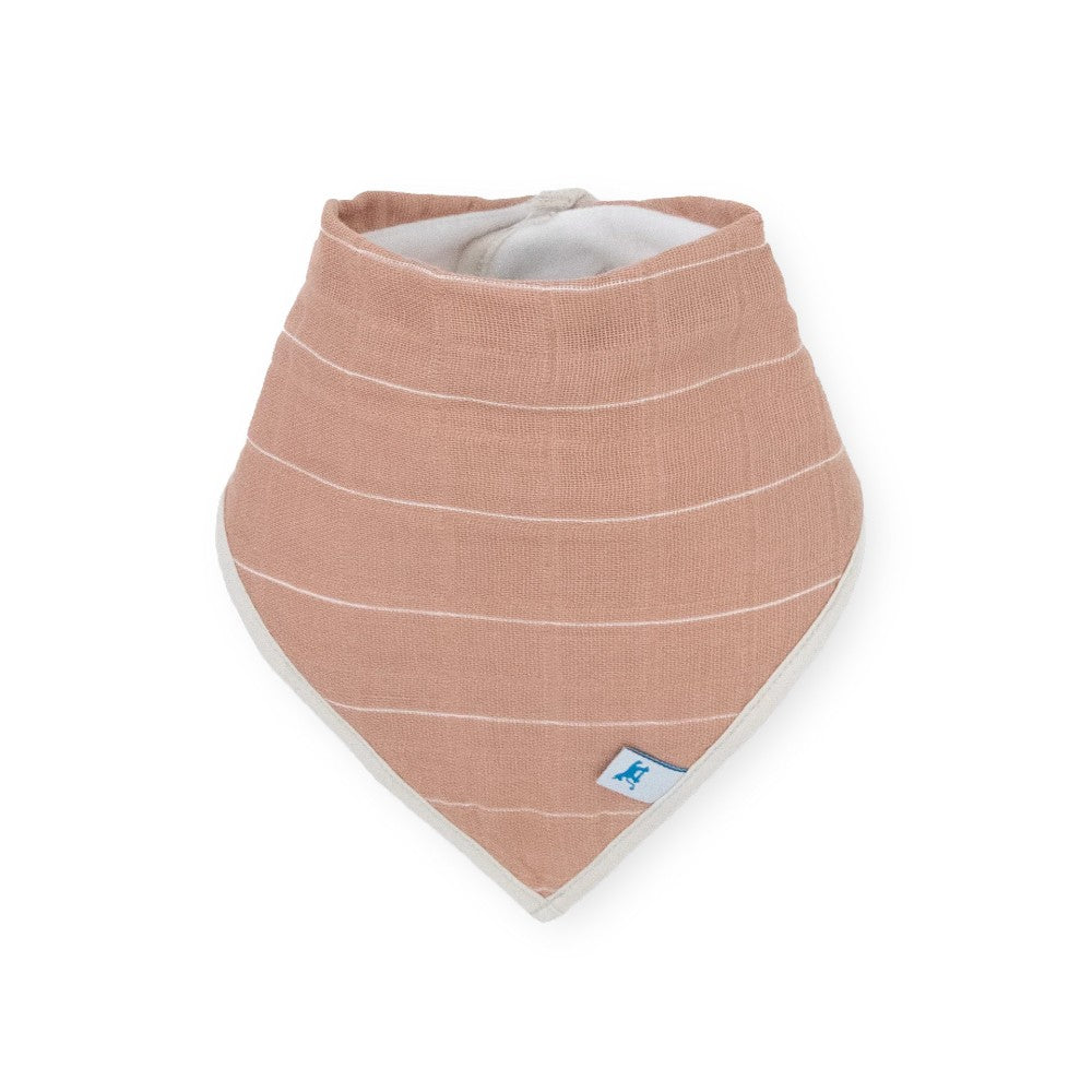 Striped pink muslin bandana bib with a brand logo on a white background