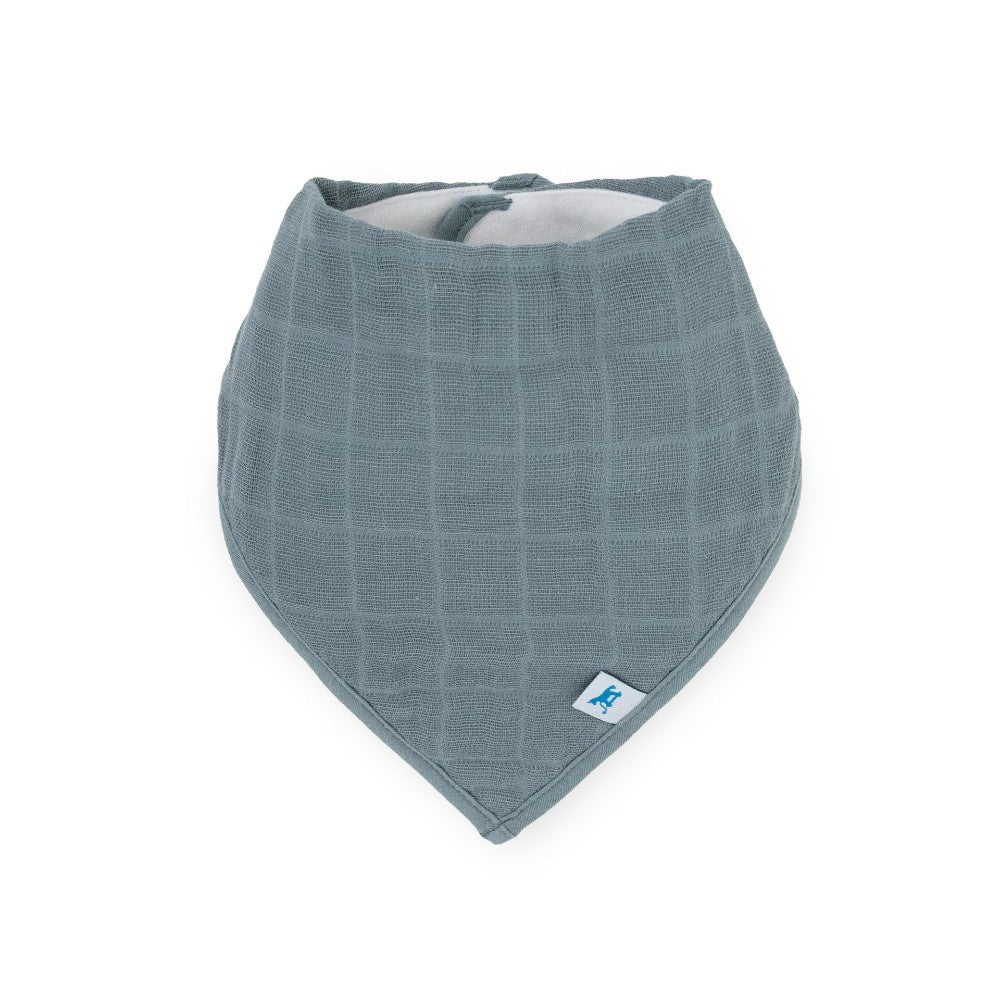 Sea blue muslin baby bandana bib on a white background