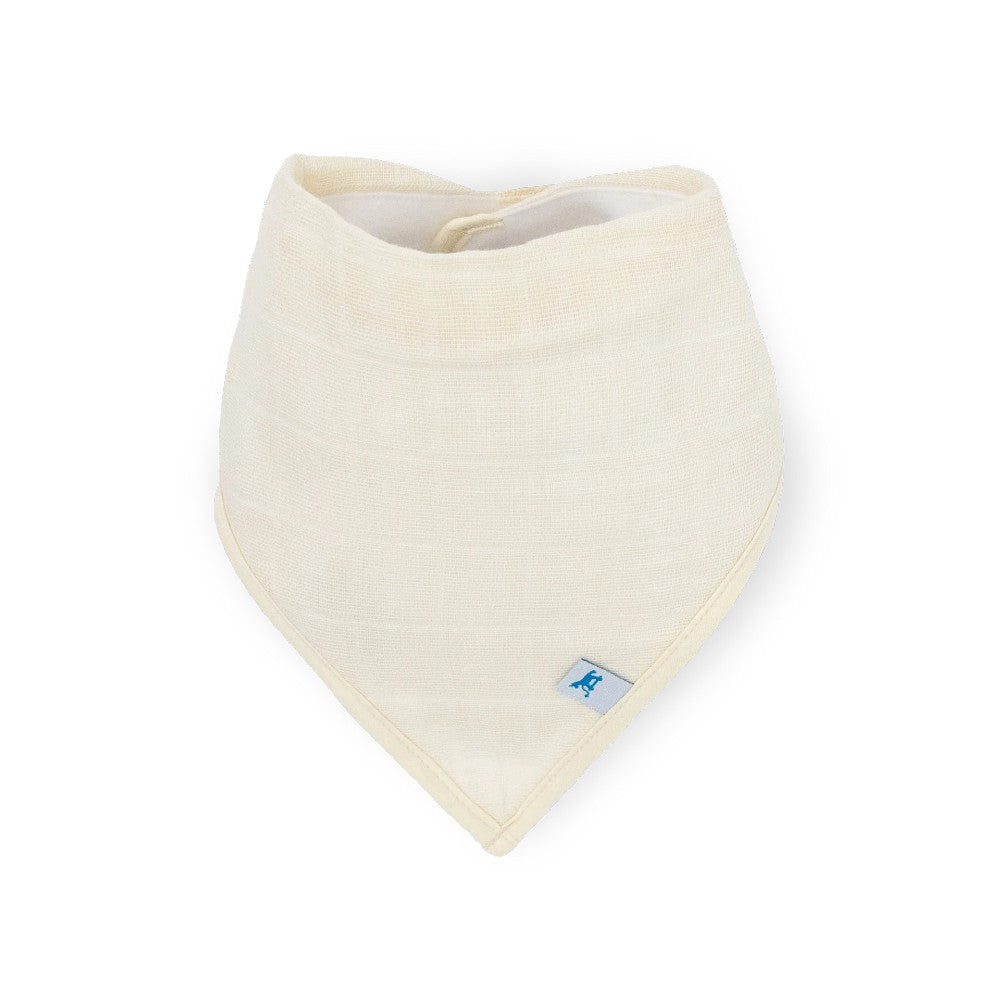 Cream baby muslin bandana bib with little unicorn brand logo on a white background