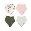 Four colourful baby bandana bibs with floral, pink, dark green, and tan gingham pattern on a white background.