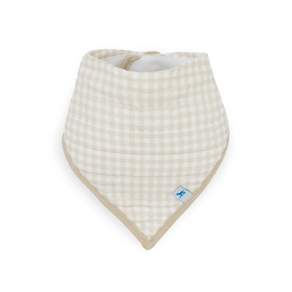 Baby bandana bib with tan gingham pattern on a white background
