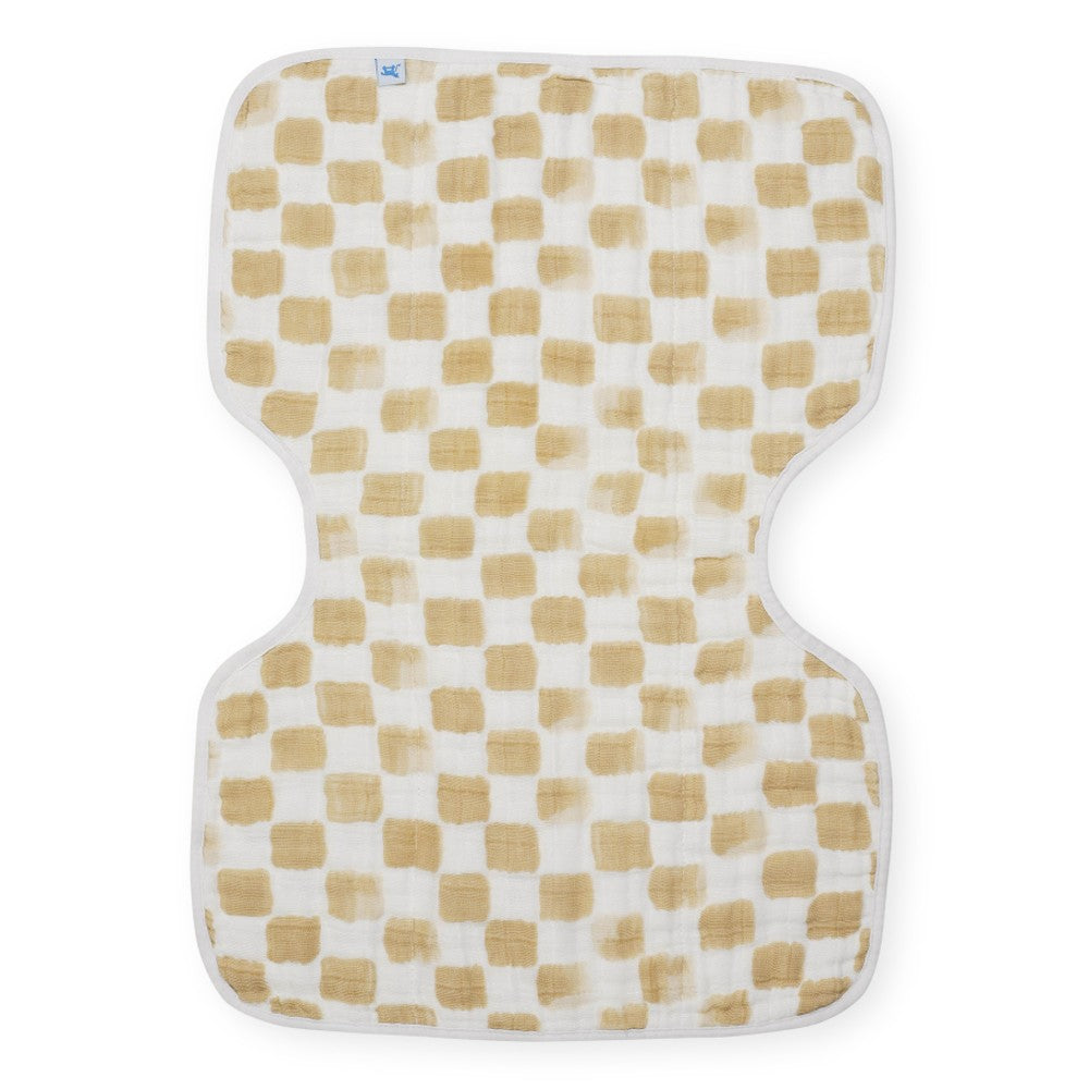 Beige and white checkered baby burp cloth on a white background