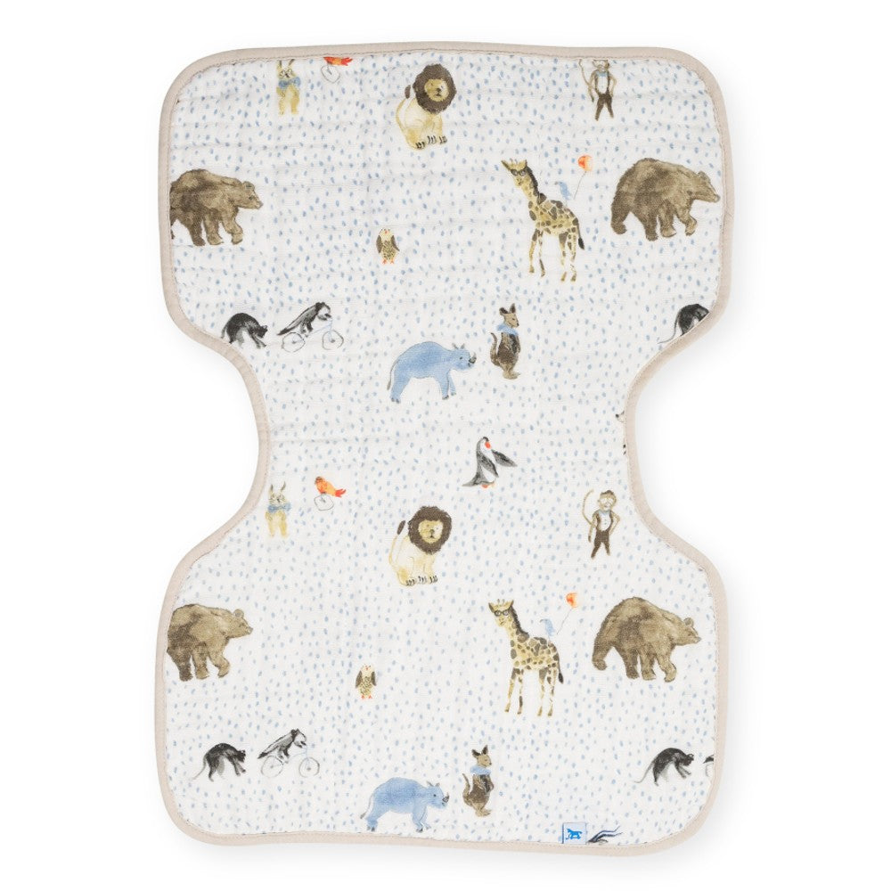 White Cotton muslin burp cloth with animal pattern and blue dots on a white background