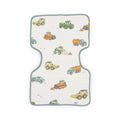 A baby muslin burp cloth with a construction vehicle pattern, featuring yellow, green, orange, and blue trucks, bulldozers, and dump trucks on an off-white background with a gray-green border.