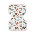 A butterfly-print muslin burp cloth with a soft pink border, displayed flat against a clean white background.