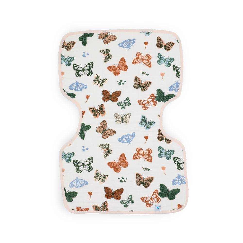 A butterfly-print muslin burp cloth with a soft pink border, displayed flat against a clean white background.