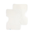 Two set of beige and white gingham muslin cotton burp cloths on a white background