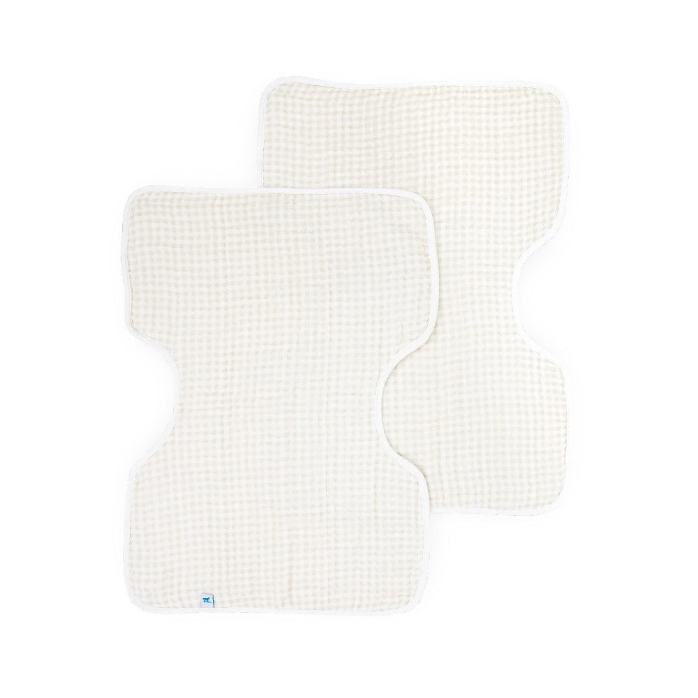 Two set of beige and white gingham muslin cotton burp cloths on a white background