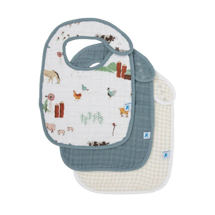 3 pack of cotton muslin baby bib set with farm animal design, blue and tan gingham bibs on a white background