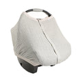 Cotton muslin grey and white stripe patterned baby car seat cover on a white background