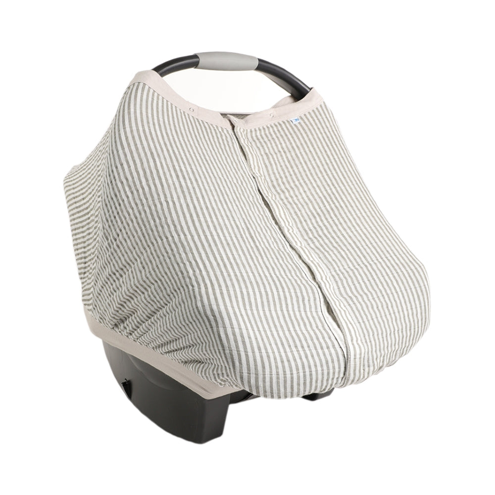 Cotton muslin grey and white stripe patterned baby car seat cover on a white background