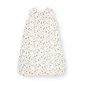 A sleeveless baby sleep sack with an all-over delicate floral and botanical print on a white background, shown flat against a white studio background.