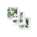 Set of three security blankets with white satin trim and green tropical leaf patterns on a white background